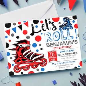 Rollerblade-verjaardagsuitnodiging: rood en blauw schaatsfeest (digitale download)