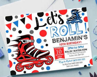 Invitación de cumpleaños de Rollerblade: Fiesta de patinaje rojo y azul (Descarga digital)