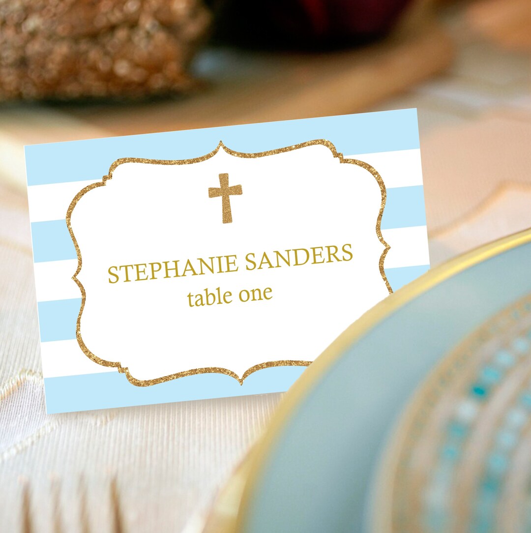 Blue Gold Baptism Place Cards Instant Download Baptism Name Tent Cards