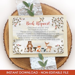 WOODLAND BOEKVERZOEK kaart Instant download bos dieren babyshower afdrukbare Fox babyshower boek aanvraag kaart bos boeken voor baby