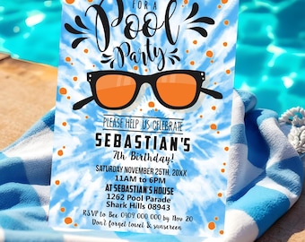 Tie Dye Pool Party Invitation - Boy Birthday, Sunglasses Theme (Digital Download)