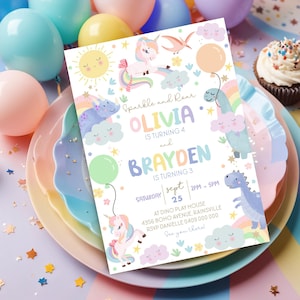 RAINBOW UNICORN DINOSAUR Birthday Invitation Editable Unicorn Dinosaur Party Invite Digital Dinosaur Unicorn Invite Joint Birthday Sibling