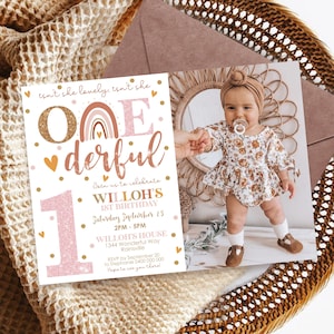 BOHO RAINBOW 1st Birthday Invitation Photo Editable Isnt she lovely Isnt she Onederful Invitation Digital Modern Rainbow First Birthday