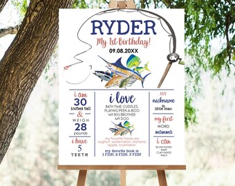 Póster de primer cumpleaños de pesca: Letrero de recuerdo editable (descarga digital)