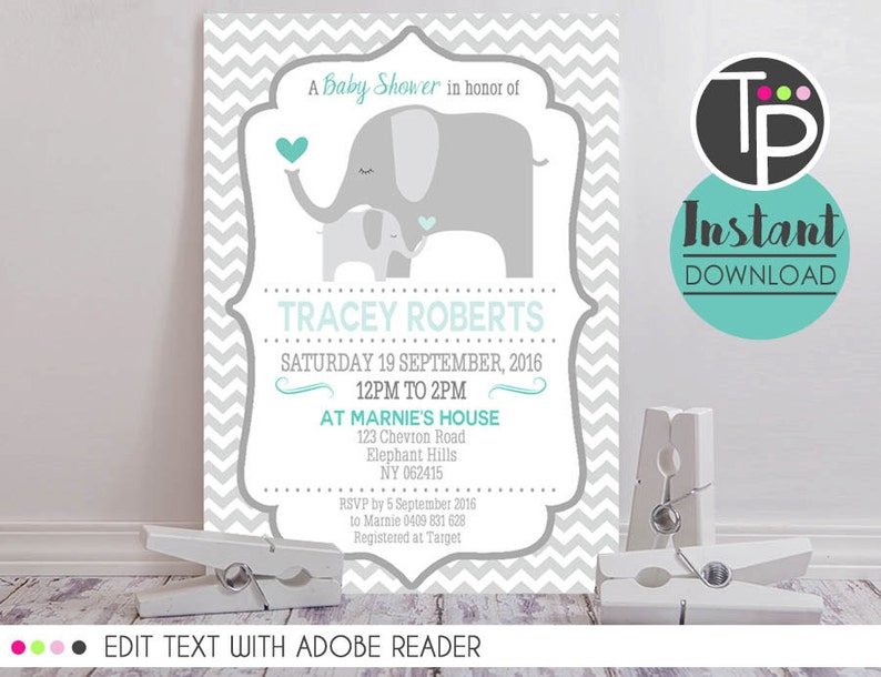 ELEPHANT Baby Shower Invitation INSTANT Download Mint Teal Etsy