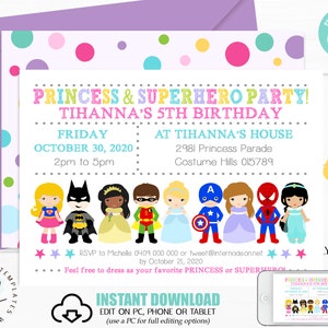PRINCESS SUPERHERO PARTY Invitation Instant Download Princess Superhero Invitation Princess Superhero Party Printable Invitation Corjl