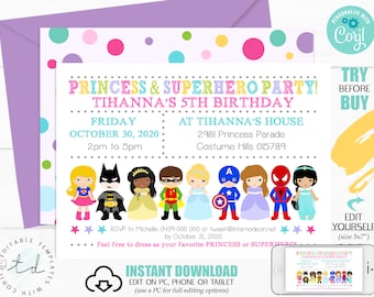 PRINCESS SUPERHERO PARTY Invitation Instant Download Princess Superhero Invitation Princess Superhero Party Printable Invitation Corjl