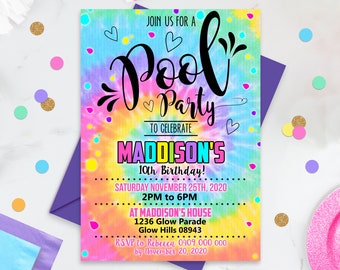 POOL PARTY Invitation Girl Tie Dye Pool Party Invitation Editable Tie Dye Pool Party Invitation Instant Download Pool Invitation Printable