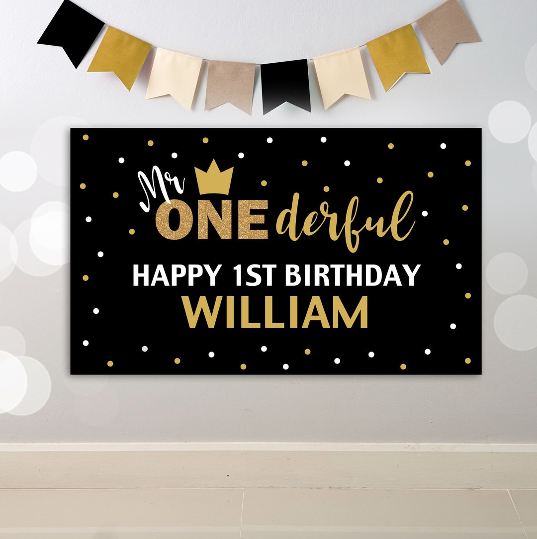 Mr. Onederful Birthday Banner: Little Man Black & Gold Welcome Sign ...