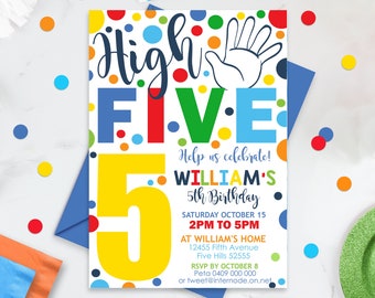 HIGH FIVE BIRTHDAY Invitation, High Five Invitation,  Editable Boy 5th Birthday, High Five Party, Boy Fifth Birthday Invitation, Hi 5, Corjl