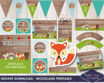 WOODLAND ANIMALS Party Package Instant download Woodland Printable Woodland Party Invitation Editable Woodland Party Printable Package