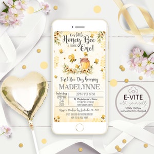 Honey Bee E-vite SMS Bee 1st Birthday Invitation Electronic Honey Bee invitation Digital Bee Smartphone Bee Evite Online Spring E-vite