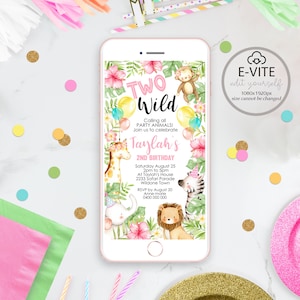 JUNGLE TWO Wild E-vite SMS Jungle Animals Invitation Girl Safari Electronic invitation Editable Jungle Text Invitation 2nd Birthday Girl