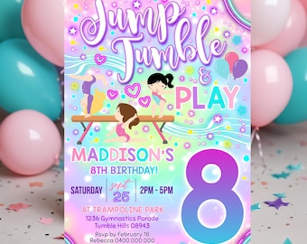 Rainbow Neon Gymnastics Party Invitation: Editable Jump, Tumble, Play Invite (Digital Download)