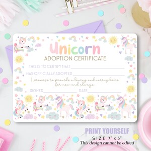 ADOPT A UNICORN Certificate Printable Unicorn Party Game Rainbow ...