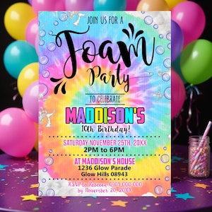 FOAM Party Birthday Invitation Bubbles Birthday Party Editable Foam Party Girl Tie Dye Foam Party Invitation Instant Download Foam Evite