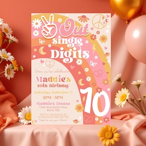 PEACE OUT SINGLE Digits Birthday Invitation Editable Peace Out Single Digits Invite Digital 10th Birthday Invitation Download Groovy 10th