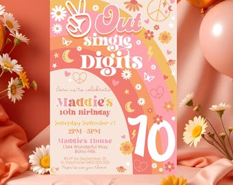 Peace Out Single Digits 10th Birthday Invitation: Hippy Girl Evite (Digital Download)