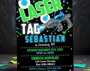 Lasergame verjaardagsuitnodiging: bewerkbare feestuitnodiging (digitale download)