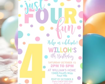 水玉模様の4歳の誕生日招待状（女の子） - 編集可能なJust Four Fun招待状（デジタルダウンロード）