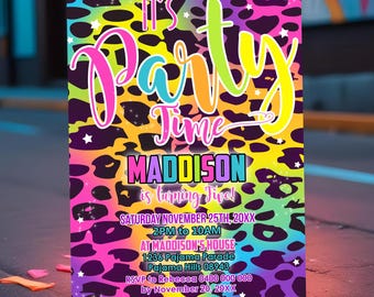 Rainbow Cheetah Party Invitation: Editable Leopard Print (Digital Download)
