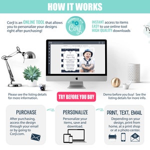 May include: A computer screen showing a blue and white printable design with a baby boy in a sailor outfit. The text on the screen says "Baptism Boy". The screen is on a desk with a lamp and a plant. The text "TRY BEFORE YOU BUY" is on a pink button. The text "PURCHASE", "PERSONALIZE", and "PRINT, TEXT, EMAIL" are on three separate buttons. Each button has an icon representing the action. The text "Corjl is an ONLINE TOOL that allows you to personalize your designs right after purchasing!" is at the top of the image.
