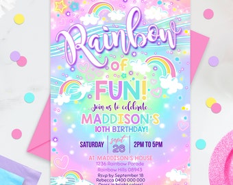Rainbow Birthday Invitation: Editable Neon Party Invite (Digital Download)