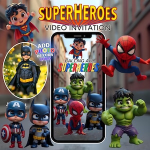 Puede incluir: Una invitación de video digital con temática de superhéroes. La imagen presenta versiones de dibujos animados de Superman, Batman, Spider-Man, Capitán América y Hulk. El texto de la invitación dice "SUPERHEROES VIDEO INVITATION" y "CALLING ALL SUPERHEROES."