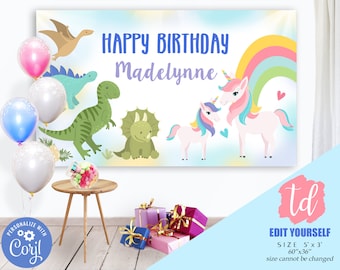 Dinosaur Unicorn Birthday Banner Instant Download 60x36 Dinosaur Unicorn Birthday Welcome Sign Large Editable Unicorn Dinosaur Backdrop