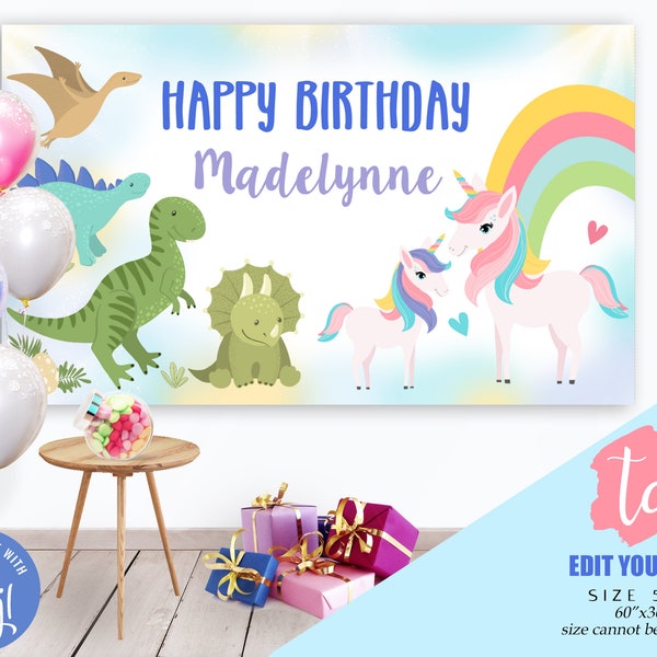 Dinosaur Unicorn Birthday Banner Instant Download 60x36 Dinosaur Unicorn Birthday Welcome Sign Large Editable Unicorn Dinosaur Backdrop