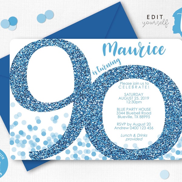 90th Birthday Invitation Instant Download Invitations Blue 90th Birthday Invitation Blue Confetti 90th Invitation Corjl Adult Invitation 90