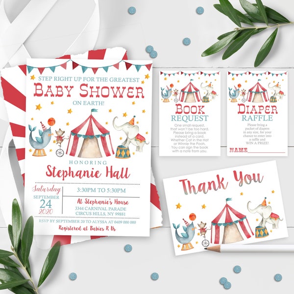 CIRCUS Baby Shower Invitation Editable Circus Baby Shower Invitation Package Circus Invite Set Corjl Carnival Baby Shower Invitation pack