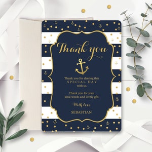 NAUTICAL THANK YOU Card Instant Download Navy Gold Anchor Thank you Instant Download Thank you Baptism Thank you Editable Nautical 0315