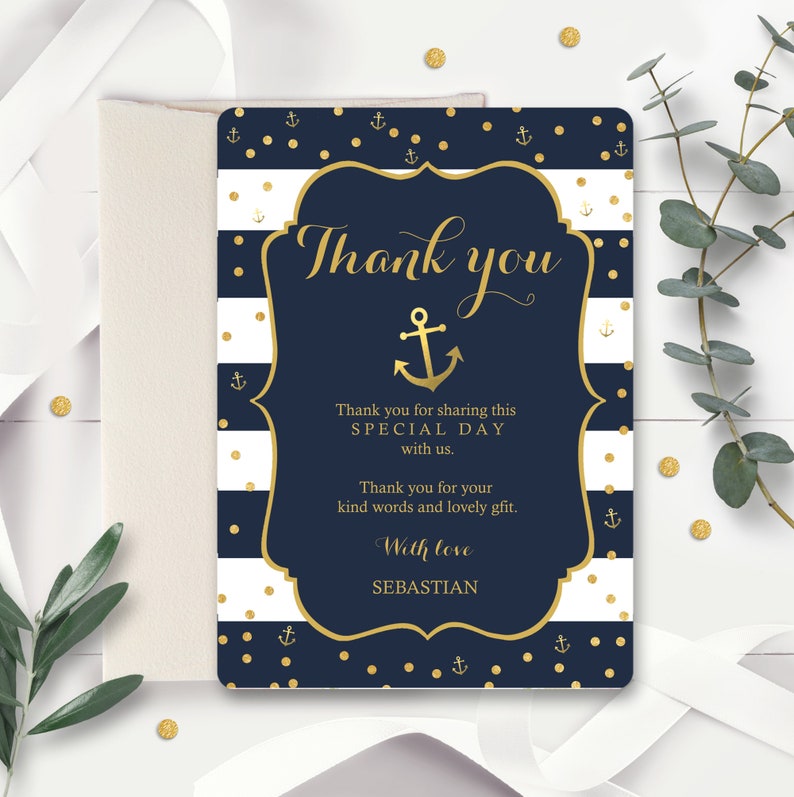 NAUTICAL THANK YOU Card Instant Download Navy Gold Anchor Thank you Instant Download Thank you Baptism Thank you Editable Nautical 0315 image 1