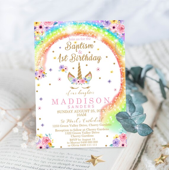 RAINBOW UNICORN BAPTISM Invitation Rainbow Unicorn Baptism 1st.