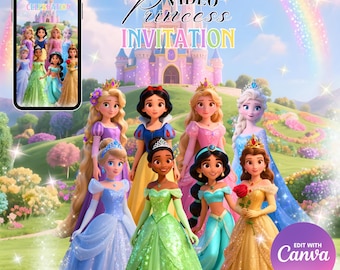 May include: A digital invitation featuring animated princesses in colorful gowns, with a castle and rainbow backdrop. The text reads "Video Princess Invitation" and "Join us for a Magical Celebration". The image is edited with Canva.