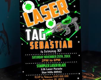Lasergame verjaardagsuitnodiging: bewerkbare feestuitnodiging (digitale download)