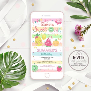 SWEET ONE E-vite SMS Sweet One Invitation Sweet One electronic invitation Digital Tutti Frutti Invitation Fruit Smartphone Evite