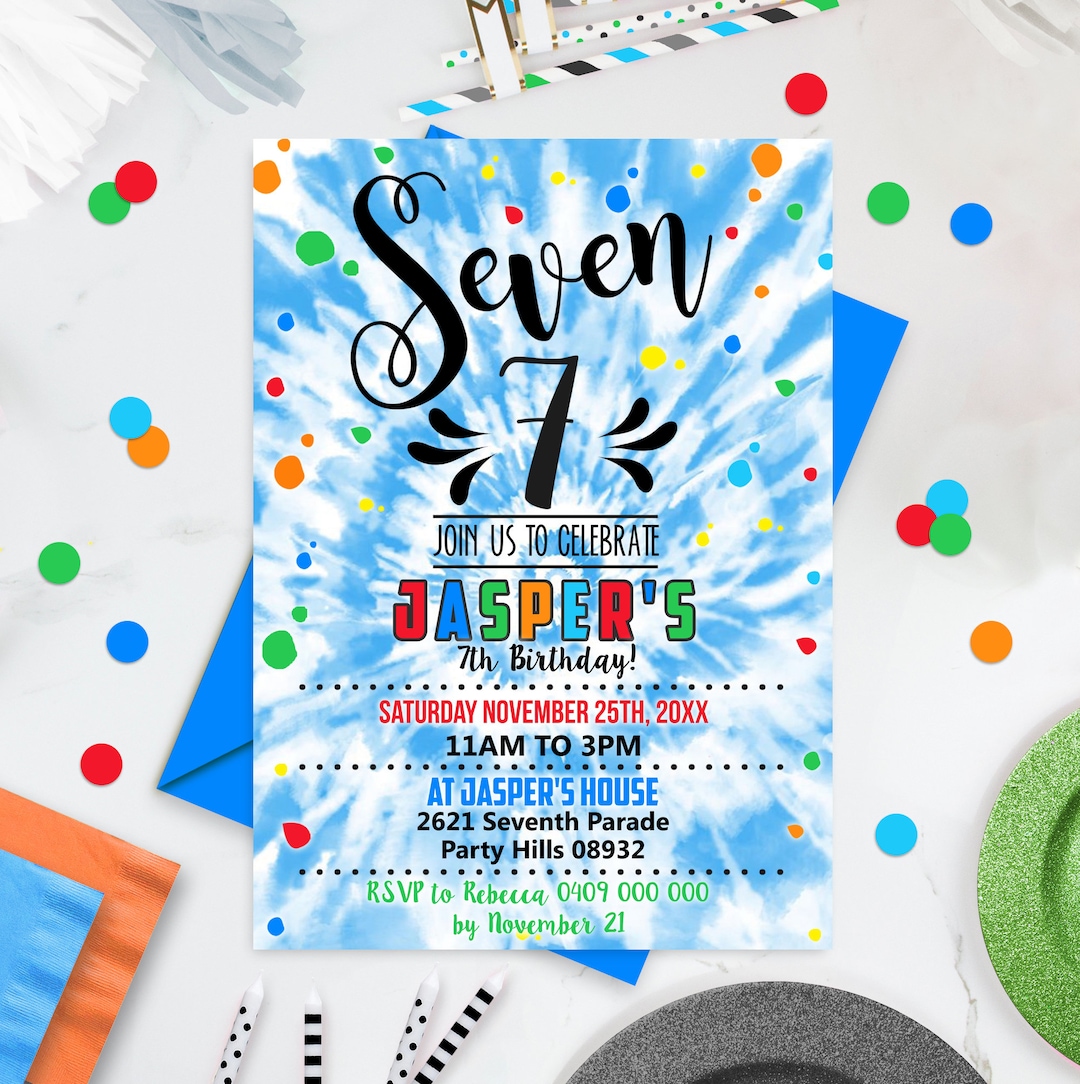 TIE DYE 7th Birthday Invitation Instant Download Seventh Boy Birthday