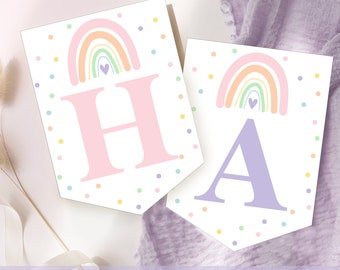 Rainbow BANNER Editable Pastel Rainbow Party Flag Rainbow Birthday Banner Corjl Modern Rainbow Happy Birthday Banner Editable Bunting Flags