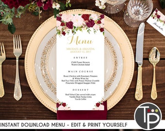 Editable MENU, Instant Download, Burgundy Rose Menu, Wedding Menu, Marsala Wedding MENU, Bridal Shower Menu, Printable Menu, Editable, 0204