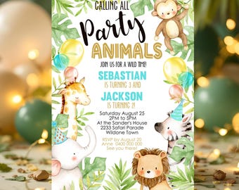 Gezamenlijke verjaardagsuitnodiging Jungle Animals: Safari-feestje broer of zus (digitale download)