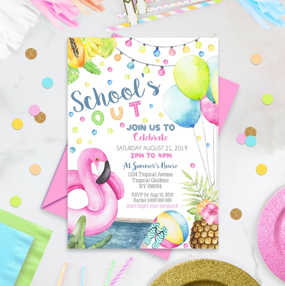 SCHOOLS OUT PARTY Invitation End of School Party Girl Flamingo | Etsy