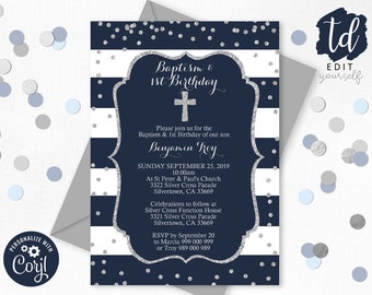 Navy Baptism 1st Birthday Invitation Instant Download Boy Baptism Invitation Editable Navy Silver Baptism 1st Birthday invitation Corjl