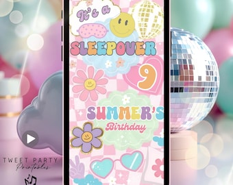 May include: A smartphone displays a pink and white invitation design for a sleepover birthday party. The design includes the text "It's a Sleepover", "Summer's Birthday", and the number "9", along with various graphics.