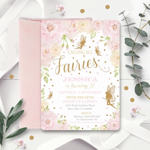 FAIRY INVITATIONS Floral Fairy Party Invitation Instant Download Pink and Gold Fairy Invitation Fairy First Birthday Invitation Corjl Fairy