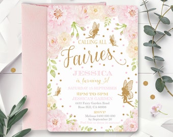 FAIRY INVITATIONS Floral Fairy Party Invitation Instant Download Pink and Gold Fairy Invitation Fairy First Birthday Invitation Corjl Fairy