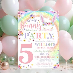 RAINBOW BUNNY INVITATION Bunny Party Invitation Instant Download Some Bunny Invitation Bunny Birthday Invitation Rabbit Invite Corjl 0257