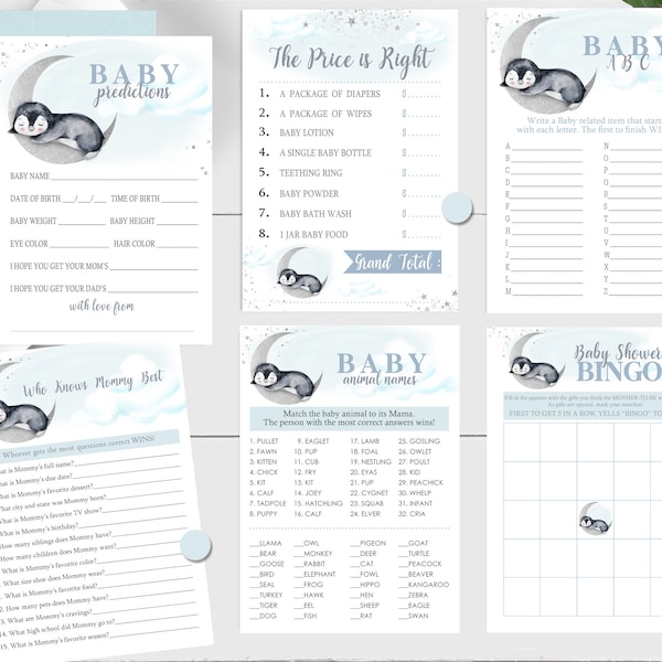 Penguin BABY Shower Games Instant download Winter Baby Shower Games Penguin Baby Shower Games Moon Baby Shower Games Printable Penguin