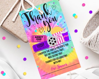 MOVIE FAVOR TAG Editable Girl Movie Favors Corjl Favor Tag Cinema Birthday Party Favor Tag Movie Thank You Movie Tie Dye Favor Tag Corjl